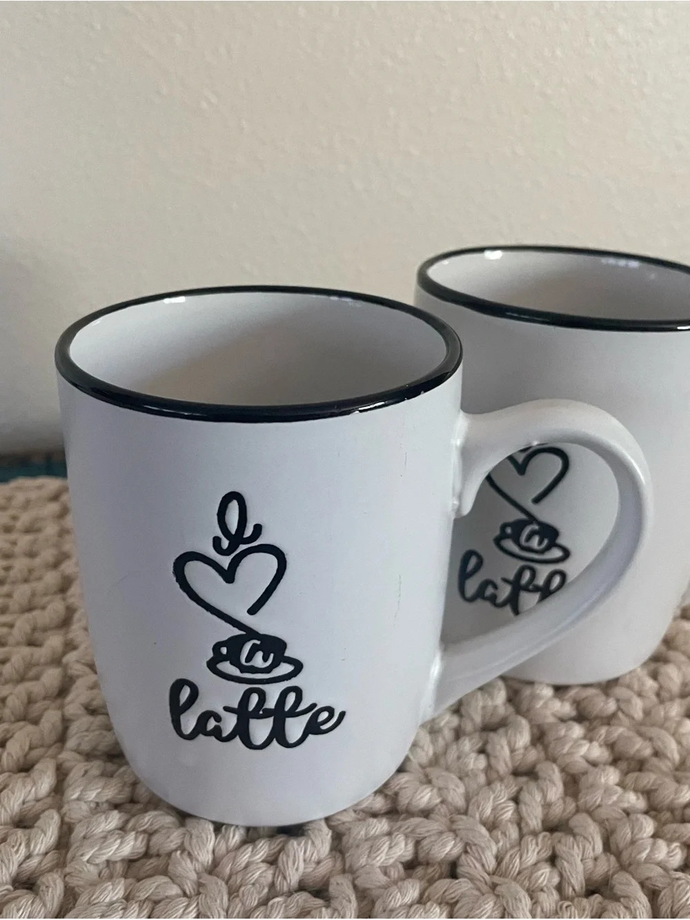 White 'Latte' Ceramic Coffee Mug with Black Trim - Set of 2
